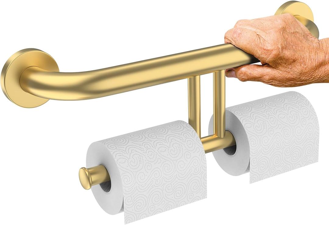 Brushed Gold Grab Bar w/Double Toilet Paper Holder, iHansee Stainless Steel Safety Grab Bar for Bathroom Toilet, Wall Mounted Shower Support Bar for Elderly, Handicap Toilet Tissue Holder (17 inch)