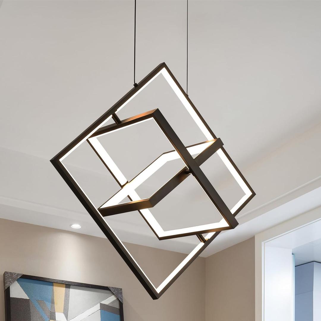 Modern Black LED Chandelier Dimmable LED Pendant Light Kitchen Island Square Chandeliers for Dining Room Contemporary Hanging Light Fixtures for Kitchen,Bedroom,Living Room 3000-6000k
