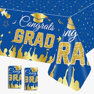 2Pcs Graduation Decoration Tablecloths Congrats Grad Disposable Tablecloth for 2026 Graduation Party Table Cover Supplies Graduate Party Table Cloths 54x108 Inches (Blue&Gold)