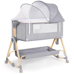 Baby Bassinet 5 in 1,Baby Bedside Bassinet with Diaper Table, Mosquito Net, Mattress, Storage Layer, Can Be Stored in One Button Travel Crib (Gray) (Grey)