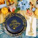 Morejoy 175PCS Thanksgiving Plastic Plates, Blue Gold Thanksgiving Dinnerware Sets Include: 25Dinner Plate, 25 Salad Plate, 25 Silverware Set, 25 Napkins, Fall Plates Disposable for thanksgiving Day