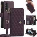 Asuwish Phone Case for Samsung Galaxy Z Fold 3 5G 2021 with Zipper Wallet Cover Card Holder Slot Stand Flip Wrist Strap Mobile Cell Accessories ZFold3 Z3 Fold3 ZFold 3Z ZFold35G Women Men Dark Purple