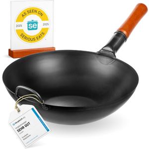 YOSUKATA 13.5" Carbon Steel Wok Pan  Pre-Seasoned Flat Bottom Pow Wok for Stir Fry, BBQ, Grill & Camping  Traditional Japanese Chinese Cookware  Compatible with Induction, Electric, Gas, Open Fire (34cm)