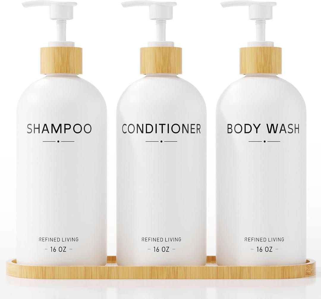Shampoo and Conditioner Dispenser Set,Shower Soap Dispenser for Bathroom,Refillable Shampoo and Conditioner Bottles with Bamboo Pump and Tray,Soap Dispenser Bathroom for Shower (White, 3-Pack)