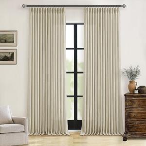 TWODRAPES 90 Inch Linen Pinch Pleated Curtains 2 Panels for Living Room Bedroom Memory Training Shaped Semi Sheer Beige Light Tan Pinch Pleat Drapes Hooks Rings Light Filtering Window Curtain 40x90