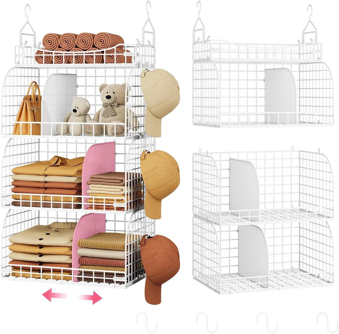 SWTYMIKI Hanging Closet Organizer Storage - 4 Tier Metal Stackable Hanging Closet Shelves with Dividers and S Hooks, Foldable Clothes Shelves for Clothes, Pants, Shoes, Coat, Hats Clutches Accessories (White)