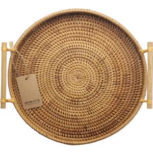 DECRAFTS Rattan Round Serving Tray Wicker Woven Bread Basket with Handles for Cracker Dinner Parties Coffee Table Breakfast (Natural 12.6 inches)