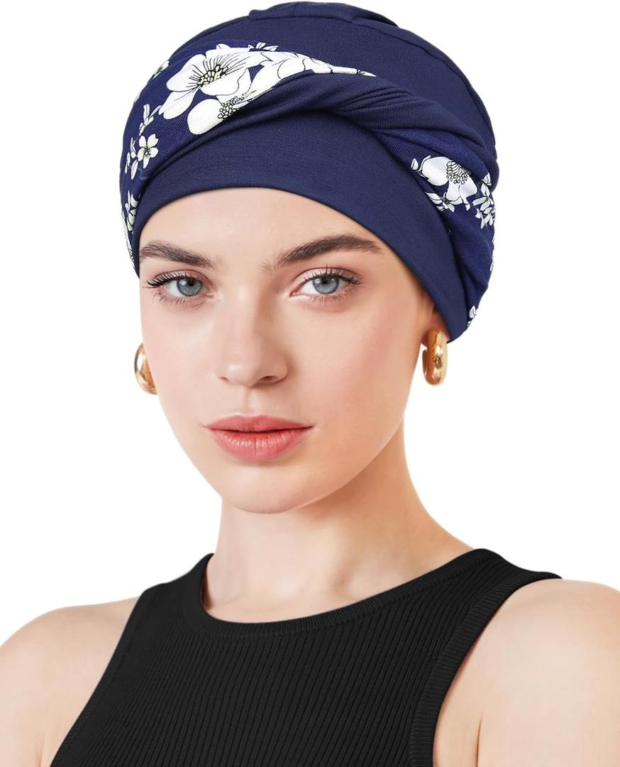 Movable Knot Beanies with Relaxed Stretch Elastic, Chemo Hats for Women (White Blue Floret)