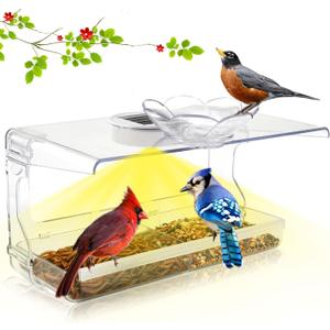 Window Bird Feeder with Non-Marking Self-Adhesive Hooks, Clear and Transparent, Outdoor Wild Bird Watching Gift, Garden Decor (with Solar Light)