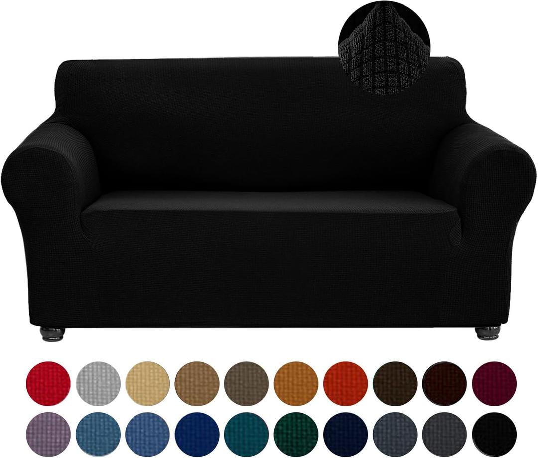 Joccun Stretch Loveseat Couch Cover Slipcover, 1-Piece Sofa Cover for 2 Cushion Couch Spandex Jacquard Washable Furniture Protector Cover for Living Room, Kids, Pets Loveseat, Black