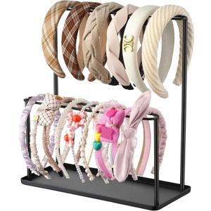 Headband Holder Organizer Metal 2-Tier with Tray: Hair Accessories Display Stand Storage Hairband Rack Necklace Stand Home Bedroom for Girls Women, Black