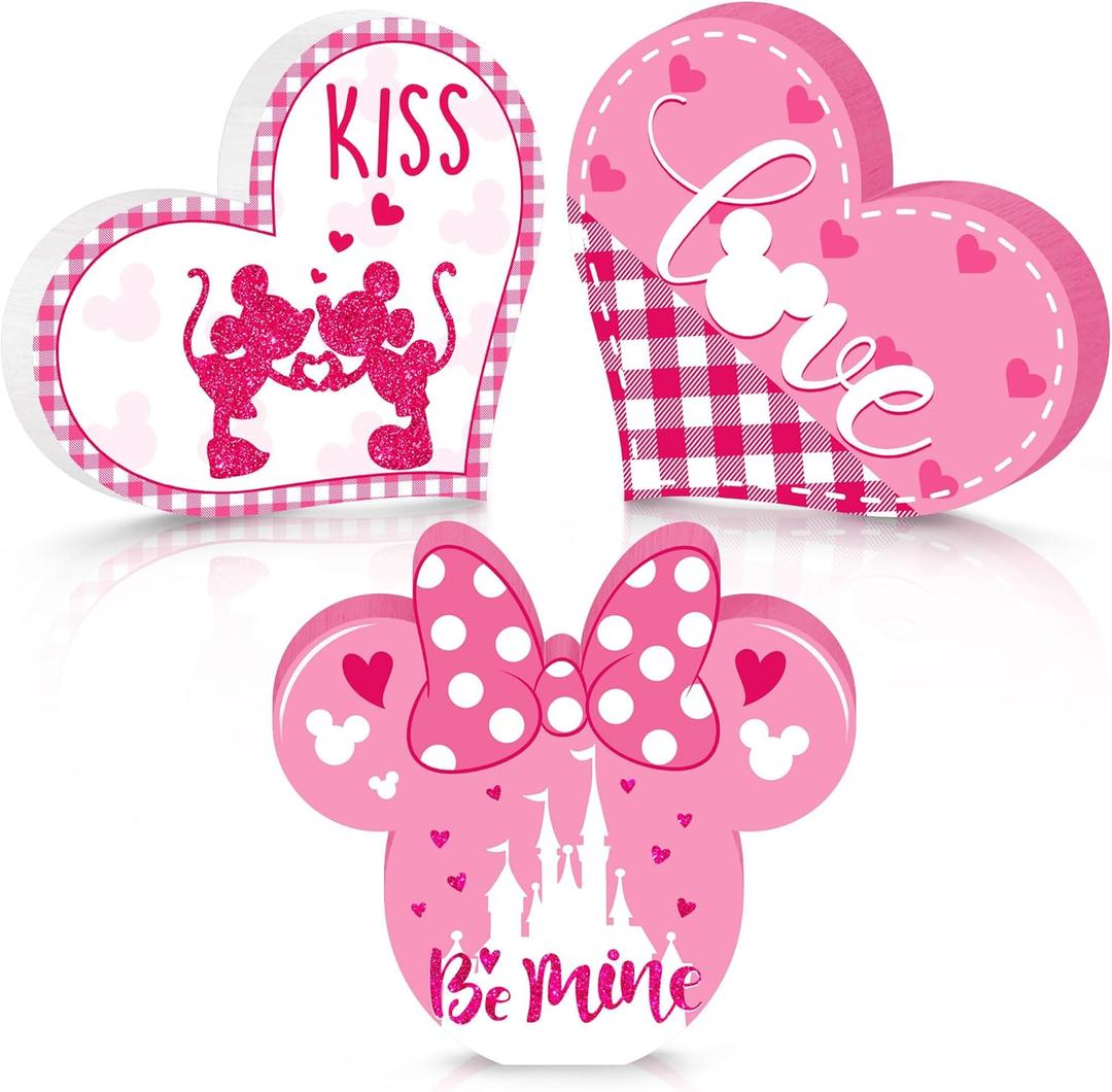 3 Pieces Valentine's Day Mouse Table Signs, Heart Shape Wood Love Sign Decor, Be Mine Romantic Sweet Home Centerpiece Freestanding Wooden Table Decoration for Wedding Anniversary Party Pink