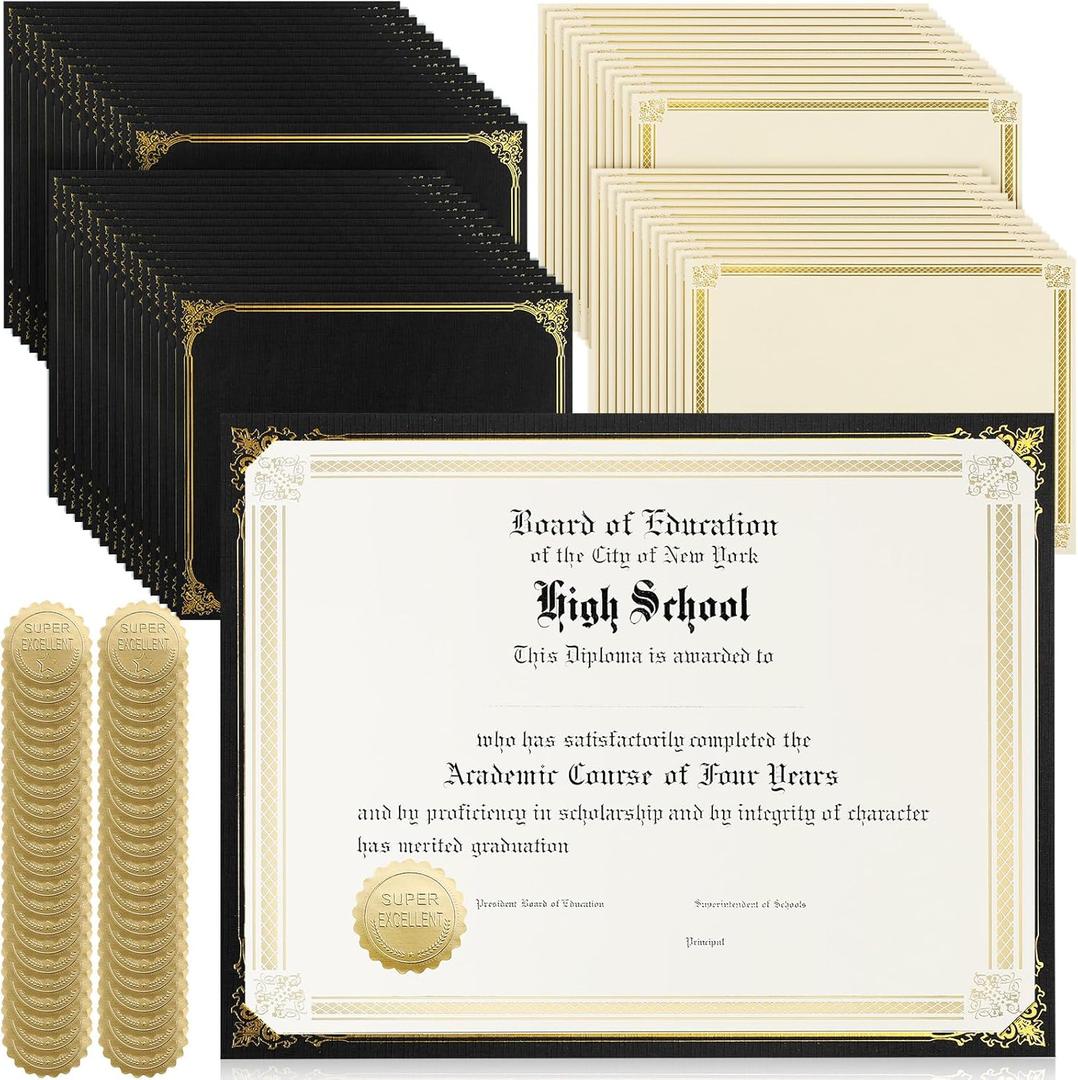 Kosiz 150 pcs Certificate Kit Includes 50 Gold Foil Certificates 50 Single Sided Holders 8.5'' x 11"50 Gold Foil Award Seals for Diplomas, Awards, and Accomplishments(Black)