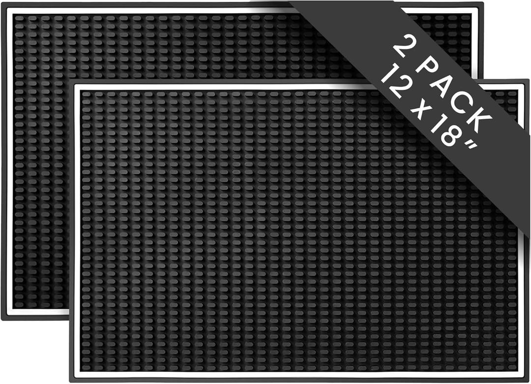 Bar Mat 2-Pack, 18 x 12 Rubber Coffee Bar Mats for Countertop, Bartending, Home Use, Spill Protection and Coffee Stations, Ideal Matt for Cocktail, Whiskey and Espresso (Black)
