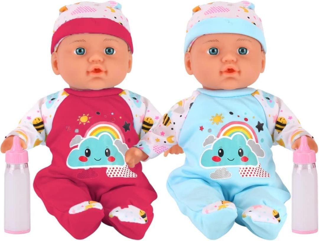 2 Pack Twin Baby Dolls Playset - 12" Realistic Soft Body Talking Newborn Boy & Girl Toy Dolls with Magic Milk Bottles Accessories for Kids Imaginative Pretend Play Nursing