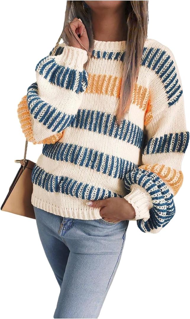 Verdusa Women's Oversized Striped Sweater Colorful Chunky Sweaters Streetwear Knit Pullover Tops (Beige, S)