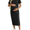 SHENHE Women's Maternity Ribbed 2 Piece Outfits Short Sleeve Crop Top Bodycon Slit Midi Skirt Set Black, Large
