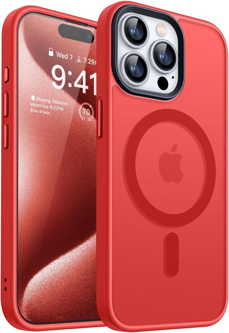 CANSHN Magnetic Compatible with iPhone 15 Pro Max Case [Translucent Matte] [Compatible with Magsafe] Slim Thin Shockproof Protective Bumper Cover Phone Case 6.7 Inch - Red