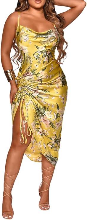Women's Spaghetti Strap Satin Dress Sexy Backless Drawstring Ruched Split Hem Cocktail Evening Party M/L,02-flower Yellow