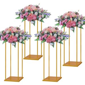 YALLOVE Gold Flower Stand Set of 4, 23.6 Inch Tall Metal Square Centerpieces for Wedding Reception Table Decoration, Plant Display Rack at Home, Geometric Flower Holder with Top and Bottom Plate