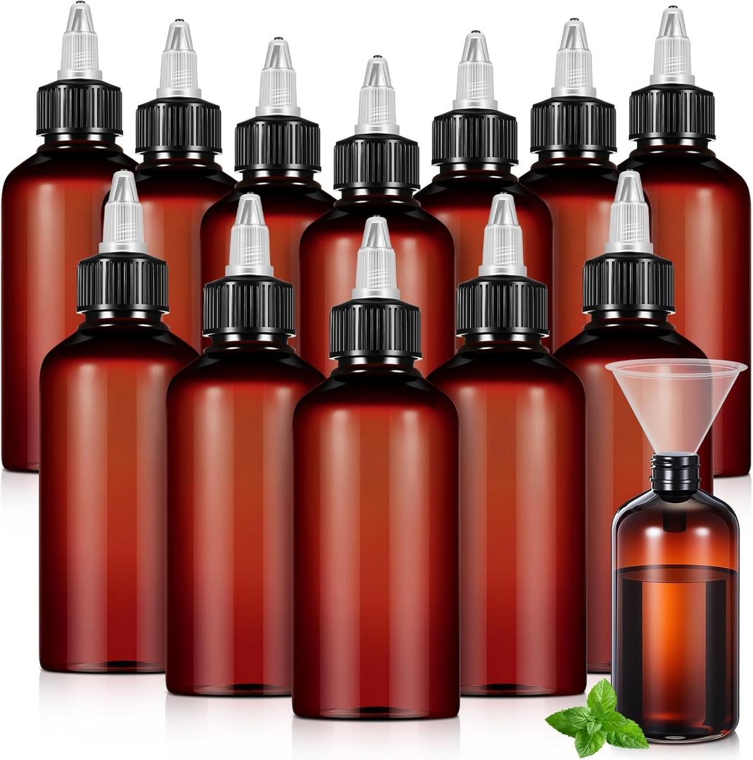 Barydat 12 Pcs Applicator Bottles for Hair, Squeeze Hair Oil Applicator Bottle Refillable Empty Plastic Bottles, Twist Cap with Open Close Nozzle and 2 Funnels (8 oz,Brown) (7.5 inches high, multicolor)