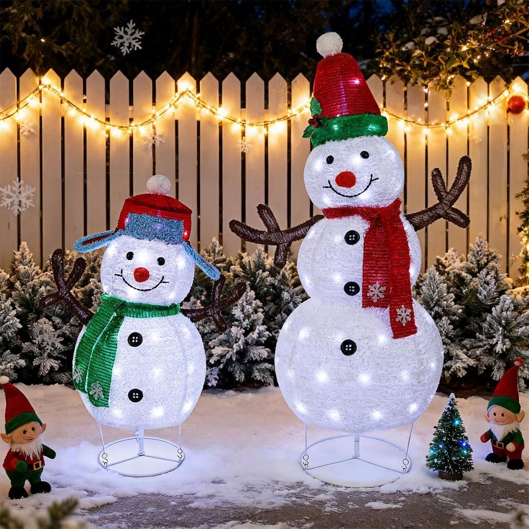 Hausse Set of 2 Lighted Christmas Snowman Decorations, 3.6+2.6FT Outdoor Pre-Lit White Snowmen with Lights, Light Up Collapsible Xmas Yard Display, Plug in for Holiday New Year Winter Garden Yard