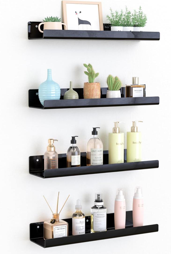Upsimples Acrylic Shelves for Wall Decor, 15" Display Shelf Perfume Organizer for Bathroom, Bedroom, Living Room, Floating Bookshelves for Kids, Black, 4 Pack