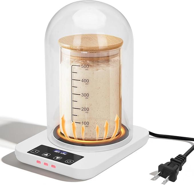 Sourdough Starter Warmer with Glass Dome, Precise 1°F Thermostat Control (70100°F), Sourdough Warmer and Dome for Home Baking,24h Timer Auto Warming On/Off Sourdough Warming Mat（White）