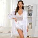 Hellomamma Silk Pajama Sets for Women: Satin Sexy Lingerie 4 Piece Sleepwear Cami Lace Pjs Set with Robes (White, L)