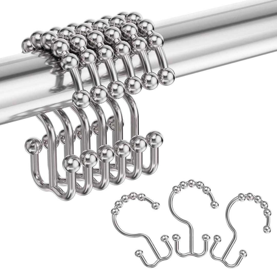 Amazer Shower Curtain Hooks, Plastic Double Shower Curtain Rings, Shower Hooks for Bathroom Shower Curtain Rod - Set of 12, Nickel