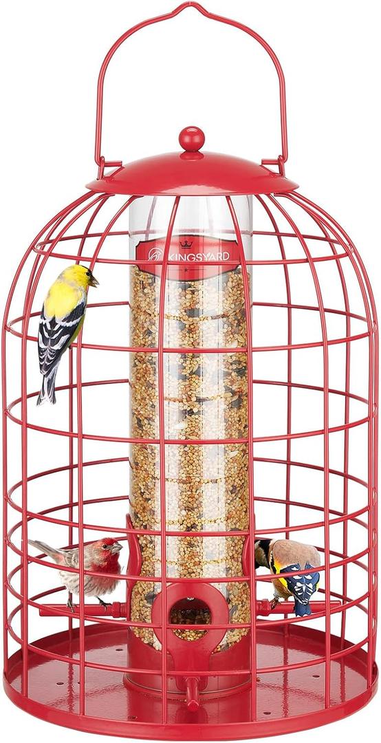 Kingsyard Metal Bird Feeder for Outdoors, Squirrel Proof Caged Tube Feeders Hanging Green, Wild Small Birds Rainproof Station for Garden Yard Seed Easy Clean,Red