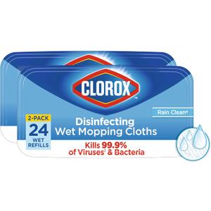 Clorox Disinfecting Wet Mop Pad, Disposable Mop Heads, Multi-Surface Floor Wipes, Rain Clean, 2 Packs, 24 Wet Refills Per Pack