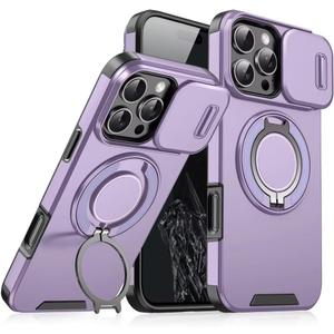 Magnetic Series Designed for iPhone 15 Pro Max Case, Rugged 360 Rotatable Ring with Invisible Holder Stand, Compatible with magsafe, Slide Camera Cover& Military Grade Protection, Purple