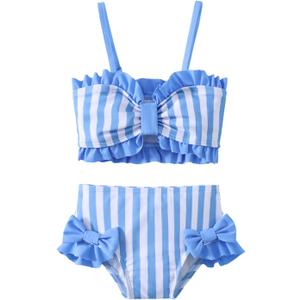 Toddler Baby Girls Swimsuit Two Piece Floral Stripe Swimwear Infant Summer Beach Bikini Bathing Suit 3-4Y
