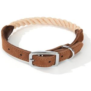 Mile High Life Rope Dog Collar | Durable Braided Cotton Rope Collars | Genuine Leather Dog Collar w Metal Pin Buckle | Classic Puppy Collars for Large Dog (Light Brown) (Large, Pack of 1)