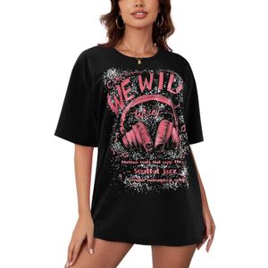 YIJIU Women's Graphic Oversized T Shirts Letter Print Short Sleeve Loose Casual Summer Tops (Black, L)