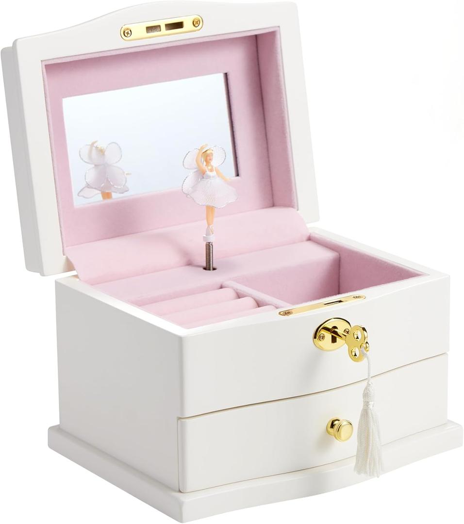 Ballerina Musical Jewelry Box with Mirror for girls Kid's Jewelry Storage Music Chest (White-Large)