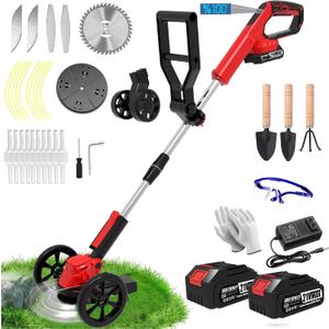Electric Weed Wacker Eater Battery Powered,Cordless Weed Trimmer with 2 Pcs 21V/2.0Ah Battery Operated & Charger & 90Min Runtime, 5 Blades for Thick Weeds/Edging/Mowing for Garden Yard - Red