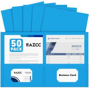 Two Pocket Folders, RAZCC 50 Pack 2 Pocket Folders Fit Letter Size Paper, Paper Folders with Pockets for School Office Business Home (Blue)