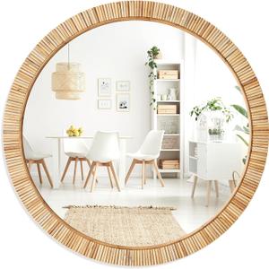 Barnyard Designs Round Rattan Wall Mirror, Natural Tan Woven Rattan Frame, Indoor Decorative Mirror for Bedroom Living Room Entryway (25.5", Round)