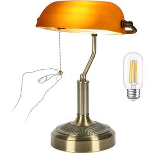 NISSAFORS Bankers Desk Lamp, Amber Glass Shade, Vintage Desk Lamp with Pull Chain Switch, Retro Table Lamps for Home Office LED Bulb Included (Brass+Amber, Middle)