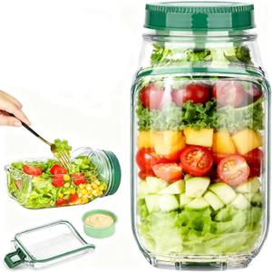 Salad Jar with Side Opening Meal Prep, Leakproof Salads Jar Container Pod for Lunch On-The-Go, Clear Food Salad Storage Container for Travel, Camping, Picnic - Green