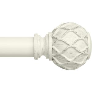 Antique White Curtain Rods for Windows 66 to 120 Inch, Adjustable Vintage Decorative 1'' Long Heavy Duty Curtain Rod, Rustic Farmhouse Drapery Pole Set with Boho Netted Texture Flower Finials