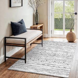3x4 Washable Entryway Area Rug: Moroccan Small Runner Rug for Hallway Soft Modern Non Slip Door Mat with Rubber Backing Low Pile Thin Floor Carpet for Kitchen Bathroom Bedroom Indoor 3x4 Grey