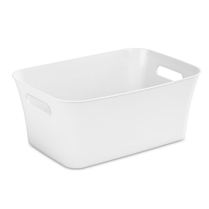 StarPlast 6 Pack Plastic Storage Bin with Handle, White Bathroom Kitchen Organizer Bin for School, Office, Classroom, Hand Soaps, Shampoos, Lotion, Conditioners, Hand Towels, Cosmetic, Snacks, 9.65x6.7x4.2 in