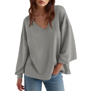 Fisoew Womens Oversized Sweatshirts Casual Deep V Neck Lantern Long Sleeve Fall Pullover Tops (Medium, Grey)