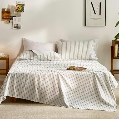 JELLYMONI 100% Cotton Bed Sheets Set – Thin Gray and White Vertical Stripes, Queen Size, Soft Bedding with Deep Pocket Fitted Sheet, Flat Sheet & Pillowcases