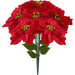Poinsettias Artificial Christmas Flowers 9.8" Large Heads 6 Pack 16.9" Bouquet Red Faux Velvet Flower for Xmas Tree Home Christmas Decorations