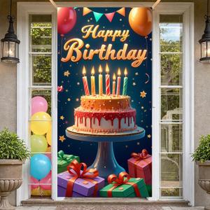 Colorful Happy Birthday Door Decorations Cover Banner Sign with Cake Gift Box Design Birthday Backdrop for Birthday Party Decor Supplies Decorations Background Photography Celebration