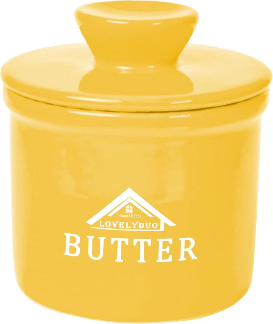 Butter Crock with Lid, French Butter Keeper to Leave On Counter with Water Line, Ceramic French Butter Dish for Spreadable Butter, Yellow